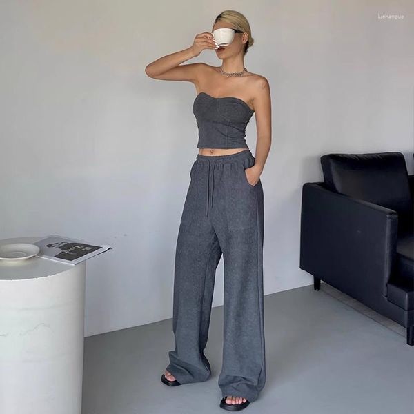 Damen zweisteuelhafte Hosen Sommer Frauen Schatz Ausschnitt Corsett Oberteil und Wide Leg Jogger Stücke Set V477