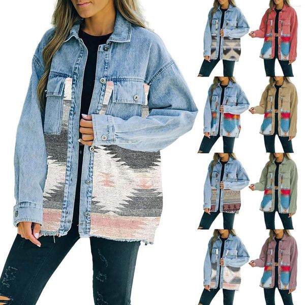 Damen Hoodies Hoodie Langarm Denim Jacke Vintage Aztec Druckknopf kurze Tuniken für Frauen Blusen s s