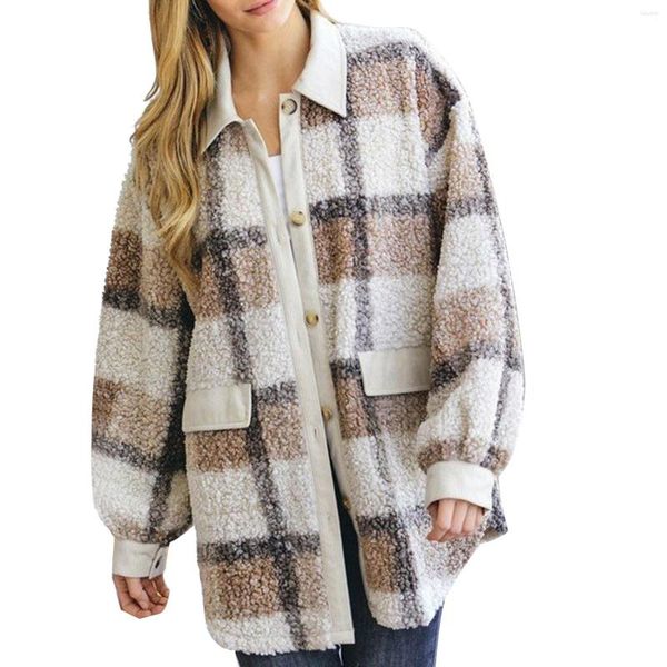 Damenjacken Vintage Plaid Lambswool Jacke Frauen warm dicke Revers Cordwork -Patchwork -Mantel für Herbst Winter Fleece Outwear Tops