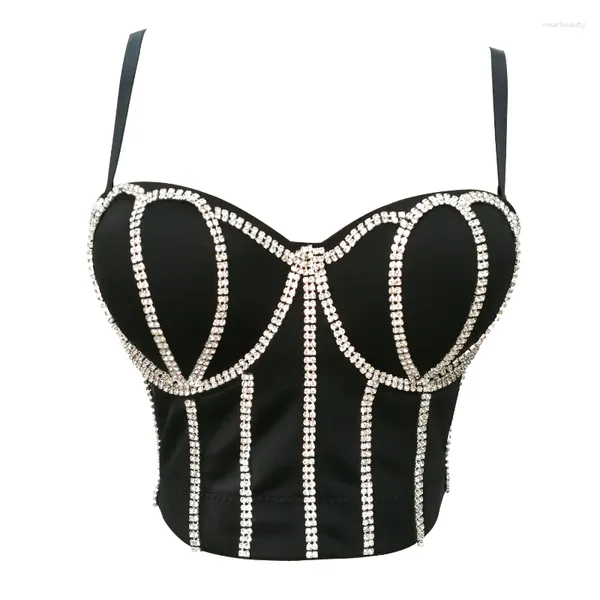 Tanques femininos Tubos tops pretos Suspender Suspender Fishbone Corset Top com Rhinestone Party Crop Cups 2023 Feminino Sexy Rouphe