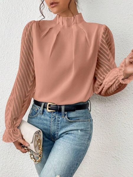 Frauenblusen 2023 Herbst und Winter halb hoher Kragen Spleißte Farbe Mode Muster Chiffon Langarm Top für Frauen