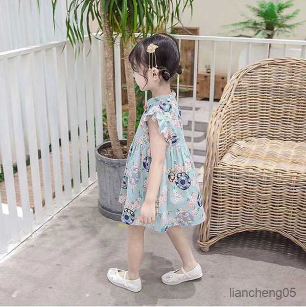 Платья для девочек, маленькая девочка платье Cheongsam Summet Новое детское китайское стиль летающих рукавов ретро-подвесной платье 12m-6t R230824