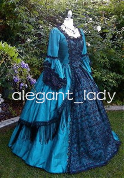 Vintage Peacock Rococo Victorian Prom Kleider Feen Feen Langarm Spitze Flecken Quasten Tassel Renaissance Kostüm Abendkleid