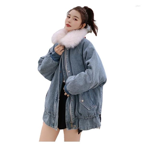 Damengrabenmäntel Mode Winterkleidung Frauen 2023 Langarm Kunstpelzkragen dicke lose Denim Parka Jacke Ladies Kausal Warm halten