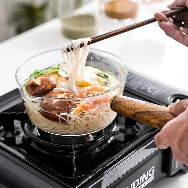 PAN de molho de vidro panela com alça de madeira com panela de maconha cozinheira cozinhando para salada macarrão sopa fogão a gás aquecedores de cerâmica elétrica