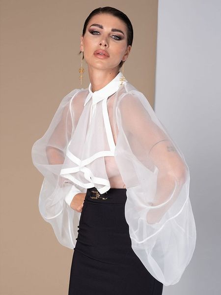 Kadın Hoodies Sweatshirt Mesh Sheer Bluz Şifon Seethrough Uzun Kollu Üst Gömlek Moda Organza Şeffaf Beyaz Kadın Blusas 230823