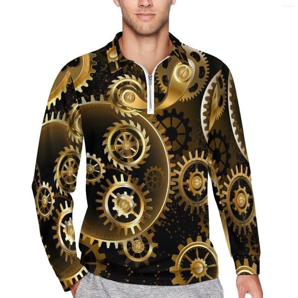 Herren Polos Golden Steampunk Polo Shirts Herbst Messing Gears drucken Freizeithemd Langarmkragen lustige Muster übergroße T-Shirts