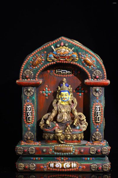 Декоративные фигурки 12 ”Коллекция тибетского храма старая бронзовая мозаичная драгоценный камень Gzi Бирки бирюзовый желтый джамбхала буддийский ниша поклонение городом Холл.