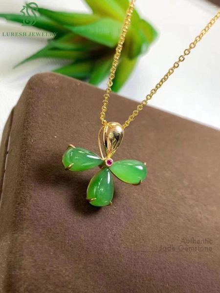 Chains Luresh Natural Jade Clover pingente incrustado com gemas de ouro 18k Apple Green Color Gream personalizado Mulher