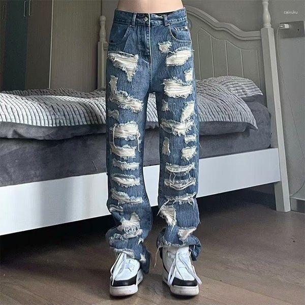 Jeans masculinos High Street Calça Faca Cut Hole Patch Old Loose Versátil Long Streetwear Summer Fashion