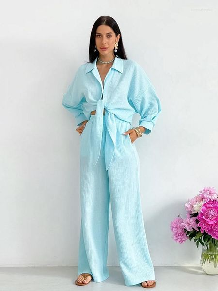 Calças de duas peças femininas causais de ternos domésticos soltos moda de outono sólido pijamas de perna larga define