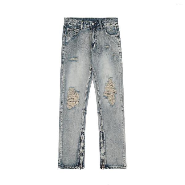 Jeans masculinos American Street Angened Zippered Skinny para homens e mulheres Vintage Washed diminuiu as calças rasgadas de hip hop