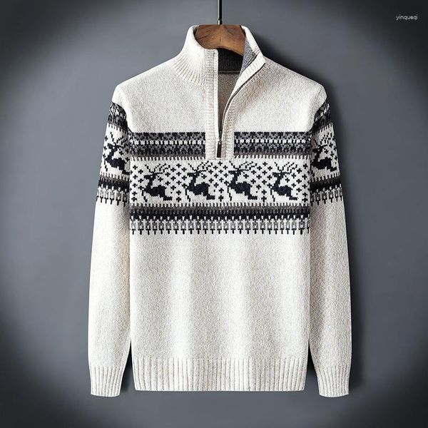 Herrenpullover Männer Winter Vintage Mock Neck Pullover Pullover Herumn Casual Jacquard warme halbe Zip -Weihnachts -Strick -Tops