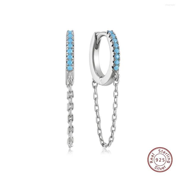 Brincos de argolas de jóias finas design da moda Mulheres S925 Sterling Silver Blue Nano Gems Huggies de corrente em ouro branco