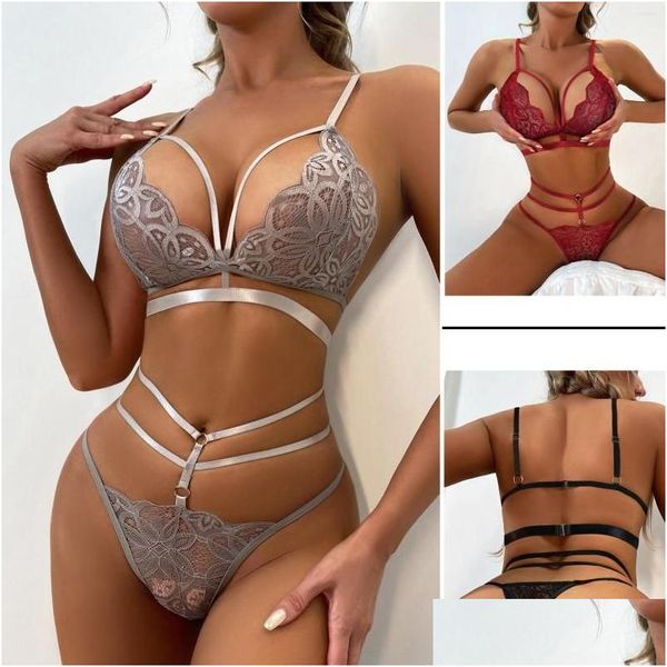 Бюстгальтеры устанавливают эротическое нижнее белье Brassiere Set для женщин подвязки сексуального нижнего белья порно костюмы Прозрачные кружевные лифчи