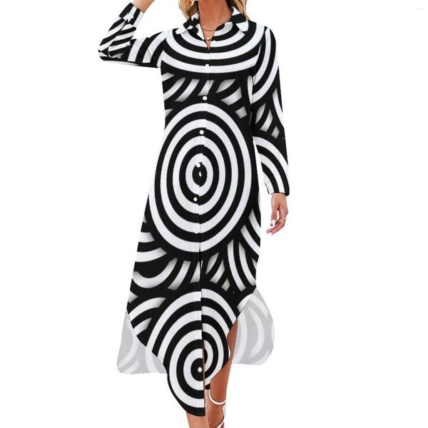 Lässige Kleider Retro Op Kunstkleid Schwarze weiße Kreise Mode Langarm Elegante Frauen gegen Hals Design Chiffon