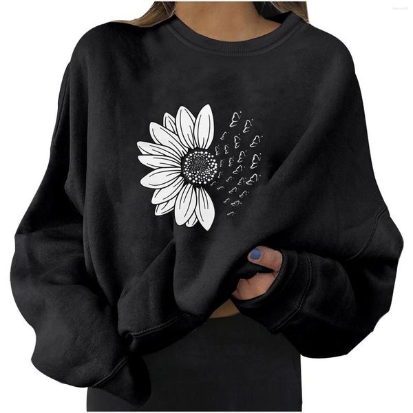 Damen Hoodies Damen lässige Langschläfe runde Hals Sweatshirts Herzschlag druckt lose Baumwoll -Sweatshirt Damen Reißverschluss vorne