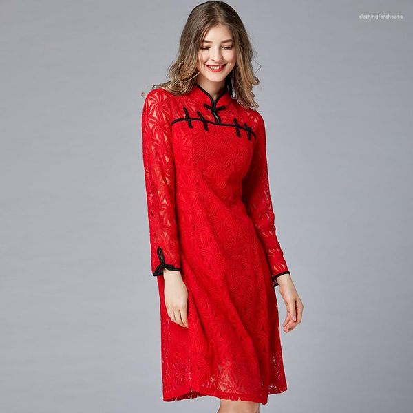 Gelegenheitskleider verbesserte Cheongsam -Kleider Frühling und Herbst Plus Größe mit mittlerer Länge Red Fashion Spitze vielseitiger Rock