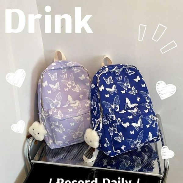 Borse per la scuola Pattern farfalla Versione coreana UNIVERSITÀ Studente Backpack Nylon Bag di Nylon senza pendente Viaggio a breve distanza Portable