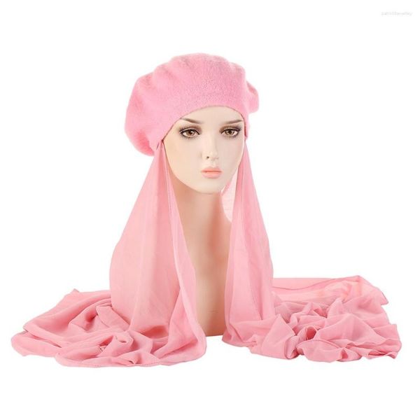 Beretti Colore solido Hijab Chiffon Scarf Muslim Allunga Cappelli a turbante traspirante per beretto da donna a prova di freddo