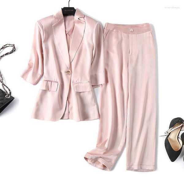 Damen Zweiteilige Hosen 2023 Frau Blazer Jacke Lange Hosen Frauen Set Rosa Anzüge Büro Koreanische Zweiteilige Einreiher Business Wear