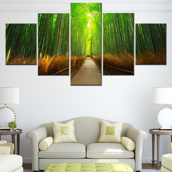 Pinturas 5 painéis Canvas Nature Poster Bamboo Floresta Papéis de parede Decoração de casa Picture Bedroom Pintura de parede Interior Obra de arte impressa 230823