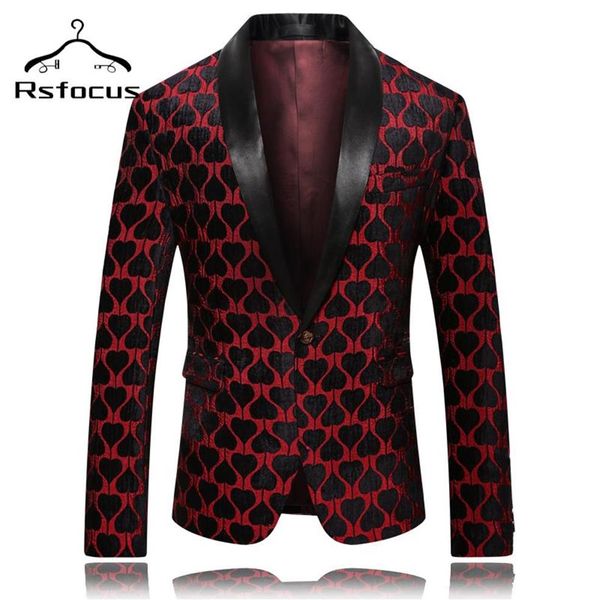 Blazer de padrão de coração vermelho preto para homens de xale de gola masculina desgaste esbelto jaqueta de terno de natal pó de vastro limite xz403 Men242v