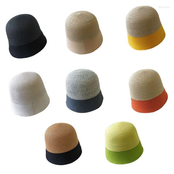 Berets Japanische Frauen Sommer Bowler Eimer Hut Farbblock Stroh Patchwork Harajuku Outdoor Sonnenschutzweite Rand Fischermütze