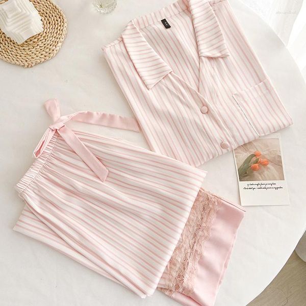 Frauen Nachtwäsche Frühling Sommer weibliche Pyjams Set Sweet Pink Streifen Langarm Hosen Anzüge zufälliger Seide Satin Home tragen Pijamas