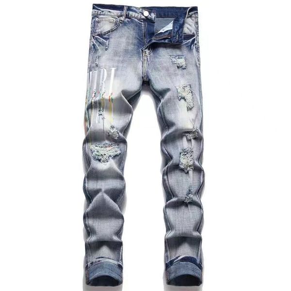 mens jean jeans designer jeans mens calças pintadas à mão buraco carta splash inktorn jeans para respingo de tinta e quebrar buracos finos jeans mens designers 1