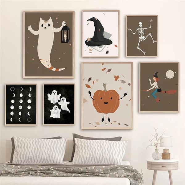 Leinwand Malmalerei dunkle Halloween Cartoon Schwarz Katze Poster Autumn Kürbis Maple Blatt Wandkunst Wohnzimmer Kinder Schlafzimmer Wohnkultur Bild kein Rahmen wo6