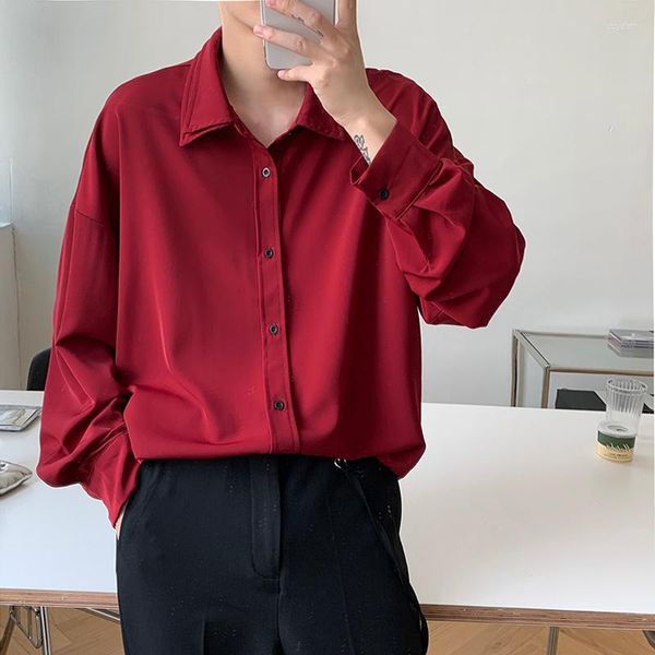 Herren lässige Hemden Langarm Shirt Herren Doppelkragen Ice Seide Vintage Wein rot Korean komfortable Bluse Lose