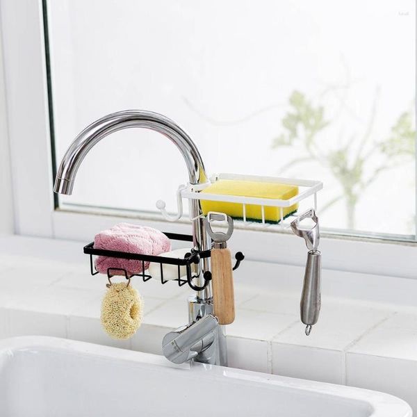 Küche Aufbewahrungswaschbecken Organizer Tafel Schwämme Halter mit 2 Hooks Caddy Flüssigkeit Abfluss Wasserhahn Eisenschelf