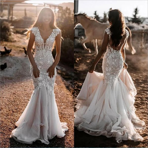 Praia boho sereia vestidos de casamento 2023 rendas profundo decote em v mangas boné trem capela plus size vestido de noiva vestidos de novia