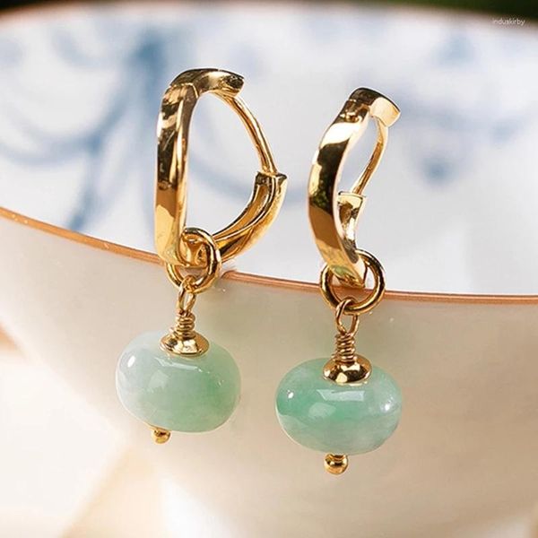 Dangle Ohrringe 925 Sterling Silber Gold-plattierte natürliche Emerald Jade Persönlichkeit Vintage Thai Engagement Jewelry