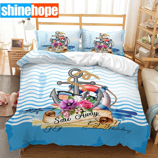 Conjuntos de cama Conjunto de cama de navio oceano náutico Conjunto de edredão 3pcs têxteis domésticos para crianças Conjunto de roupas de cama para adultos decoração de casa em tamanho grande 230823