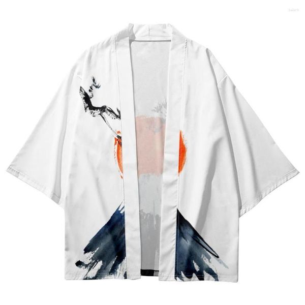 Ethnische Kleidung Sommer Männer Frauen lockerer Strickjacken Cartoon Vulkan gedruckt weiße japanische Kimono Beach Shorts Yukata Harajuku Haori