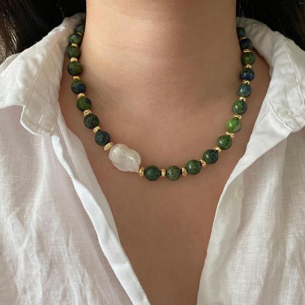 Кокер ручной работы натуральный камень Chrysocolla Beads Baroque Pearl Collese для женщин Летние праздничные украшения уникальный дизайн