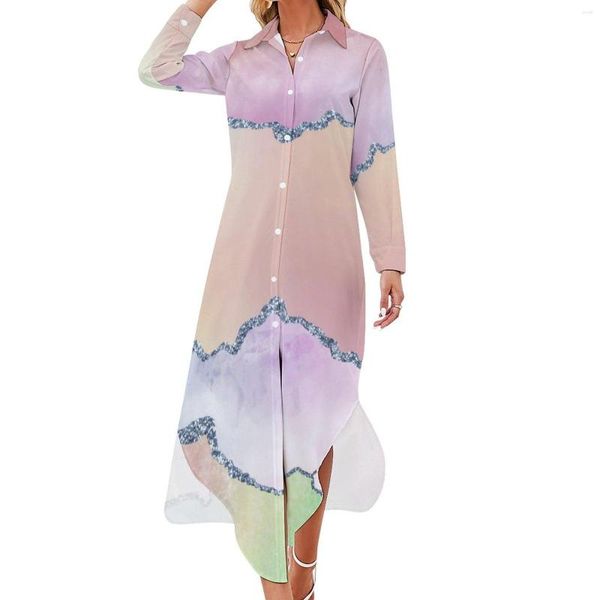 Vestidos casuais vestido aquarela pêssego de pêssego de pêssego moda de moda longa de manga longa V Gráfico de pescoço de pescoço de grande porte chiffon