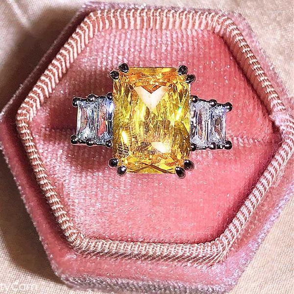 Ringos de cluster clássico baguete de pedra amarela de pedra completa anel de casal de diamante para mulheres topázias geométricas de prata jóias de presente de noivado banhado