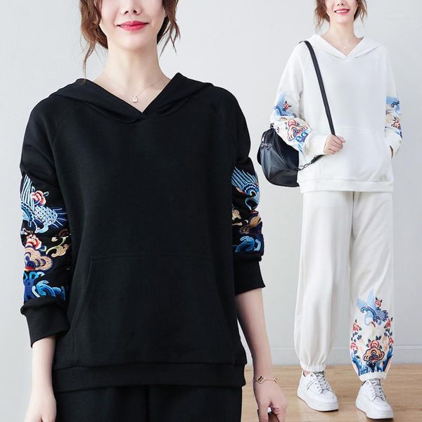 Damen Hoodies Chinese Sticke Stickerei Frauen Lose Vintage Harajuku Kapuzenbluse weibliche Pullover Streetwear Fashion Sweatshirts Tops