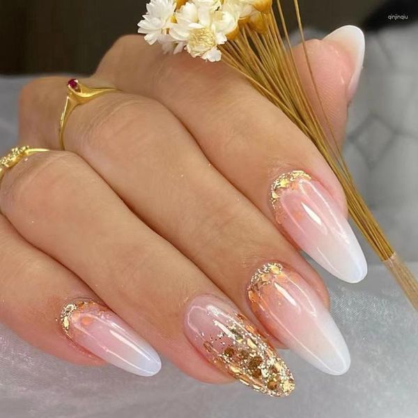 False Nails 24pcs Gold glitter Luxury Short Short Futto bianco francese Pressa indossabile su punte per unghie a copertina Full