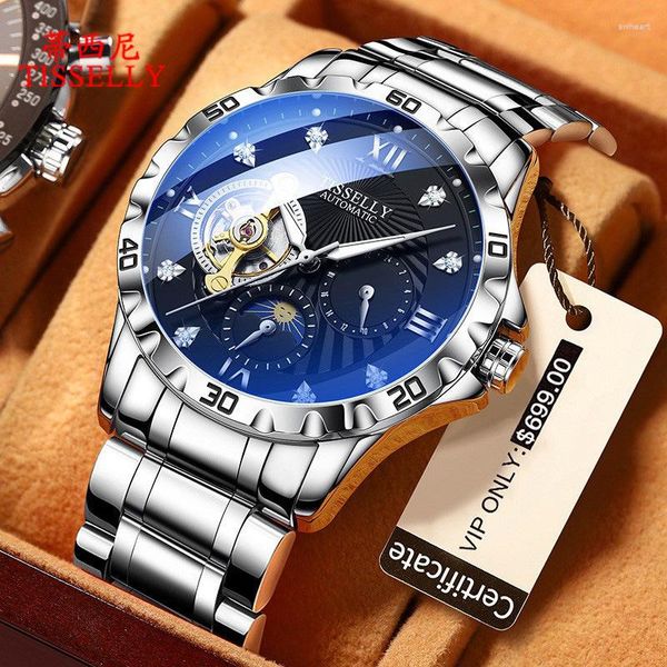 Relógios de punho de aço completo relógio mecânico automático para homens, aço inoxidável Tourbillon Moon Fase Male Wristwatch Business Man Classic Luxury Clock