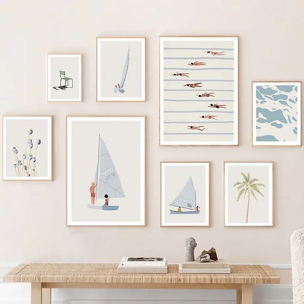 Segelboot Schwimmbad Leinwand Malerei Ozean Blumen minimalistische Poster und Drucke Wandkunst Wandbilder für Wohnzimmer Schlafzimmer Badezimmer Dekor Geschenk kein Rahmen Wo6