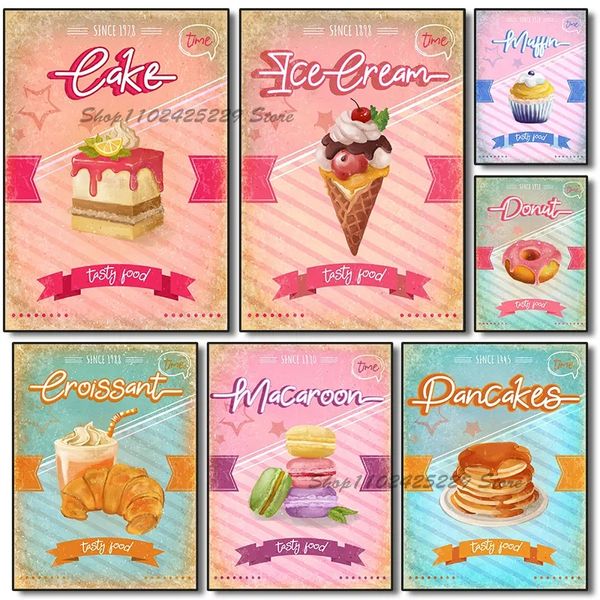 Poster alimentare vintage e stampa ciambella gelati Muffin dolce cibo di pittura dipinto da parete dessert shop ristorante decorazione per casa senza cornice wo6