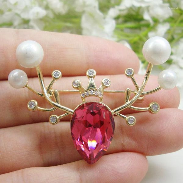 Broches natal coroa adorável coroa vermelha cervo pérola de pérola pino de zircão cristal