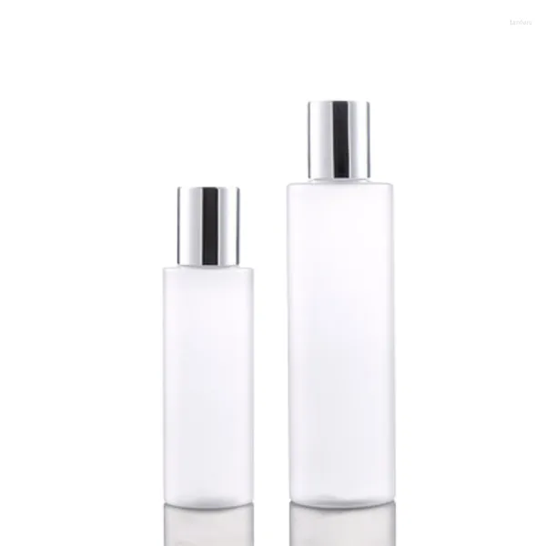 Bottiglie di stoccaggio Vuote 100ML 200ML Bottiglia a spalla piatta satinata Argento lucido Coperchio a vite Contenitore per fiale per imballaggio cosmetico riutilizzabile