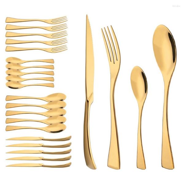 Geschirrsets 304 Edelstahl 24PCS/Set Gold Set Steak Messer Fork Kaffeelöffel Besteck Küchentisch Geschirr Silber