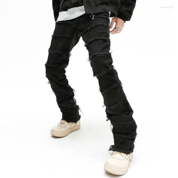 Jeans masculinos 2023 Dark Streetwear Black empilhado calça Y2K Homens de retalhos de retalhos Hip Hop calças de jeans retas pantalones