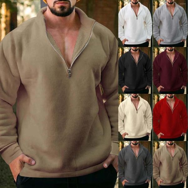 Camisetas masculinas outono e inverno casual manga longa zíper de cor sólida camisa acolchoada tops